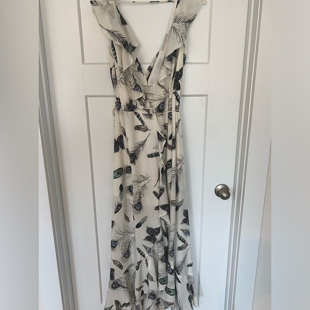 Pookie and Sebastian Peacock Print midi wrap dress XS